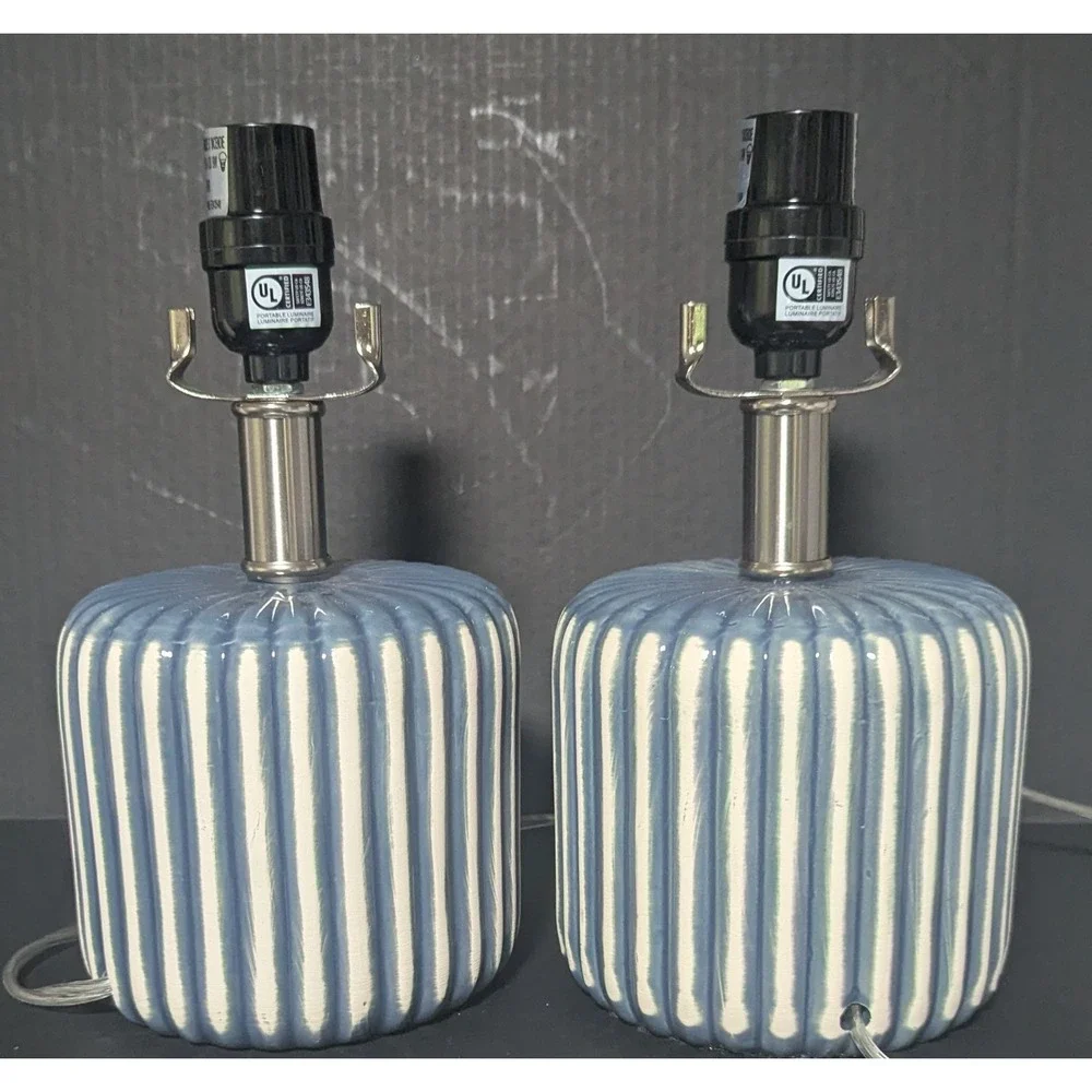 Blue and White Striped Glossy Ceramic Table Lamps Set of Two W/Linen Shades